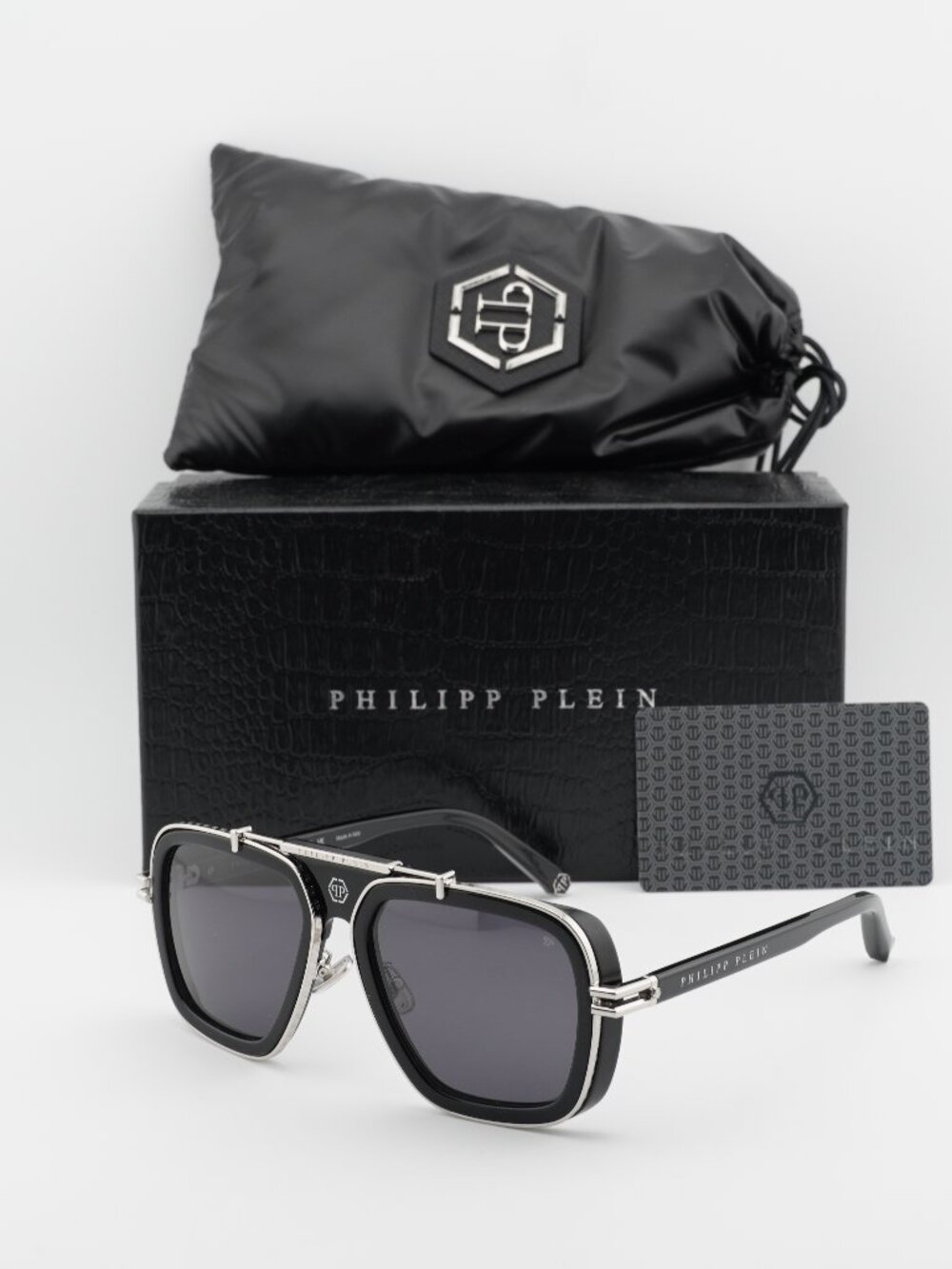 Philipp Plein SPP109M 0700 Aviator Sunglasses – Shiny Black/Grey
